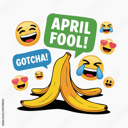 A playful April Fool's prank illustration featuring laughing emojis and banana characters in a humorous scene viewed from the front