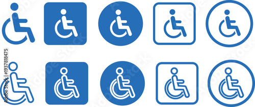 Wheelchair accessible blue flat, outline icon set. Disabled person vectors in simple and recognizable designs for accessibility isolated on transparent background. Handicapped access sign or symbols.