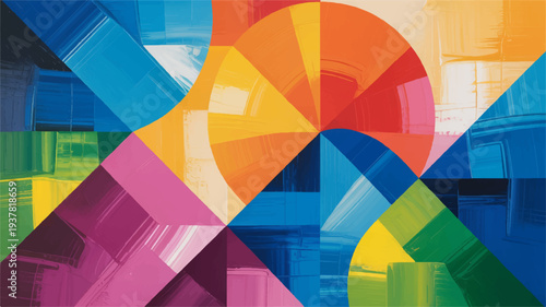 Vibrant abstract geometric shapes overlapping in multicolored pattern with bright hues and bold textures