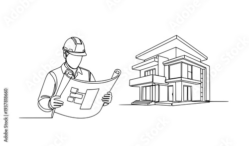 Continuous One Line Architect Reading Blueprint with Modern House Construction Vector Illustration