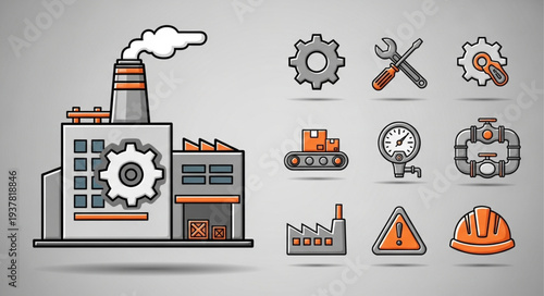 Industrial Factory and Tools Icons Set.