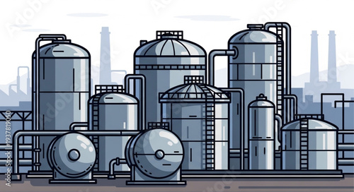 Industrial storage tanks and pipelines illustration.