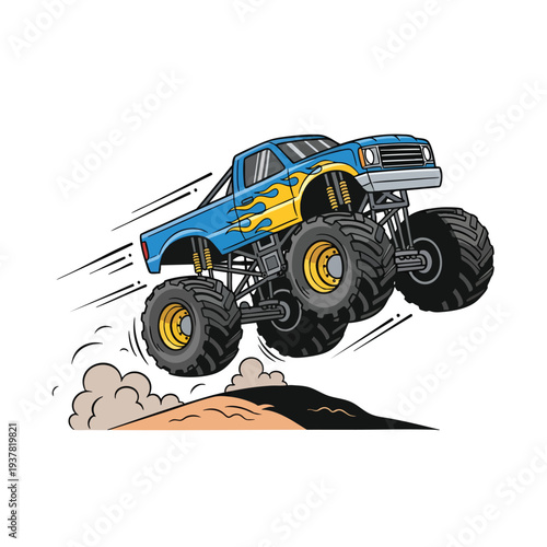 A blue and yellow monster truck vector illustration, jumping with large tires and flames on the side, set against a white background with motion lines and dust. Perfect for automotive