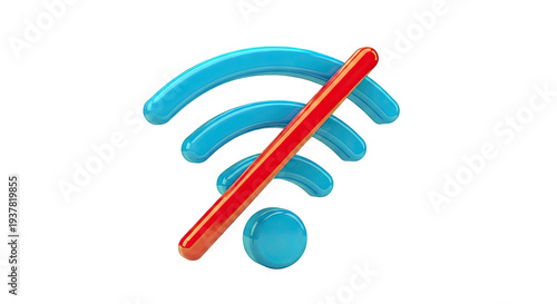 3D No Wi-Fi Symbol with Red Slash on White Background
