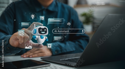 AI agent and assistant is using a laptop with cutting-edge software for visualization and content management to achieve goals, employing AI to search and gather information, analyze it.