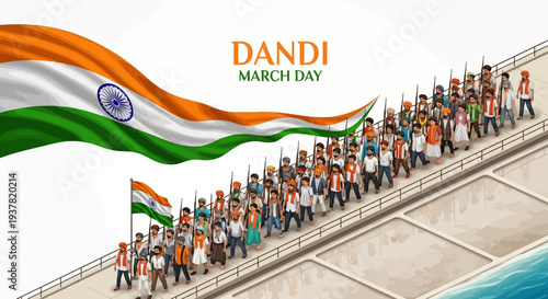 Illustration of a large group of people marching on a bridge with Indian flags, symbolizing the Dandi March Day and India's freedom struggle.