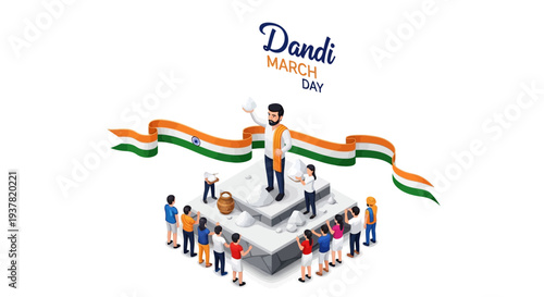 Illustration of Mahatma Gandhi leading a peaceful protest march with a crowd of people and the Indian flag on Dandi March Day.