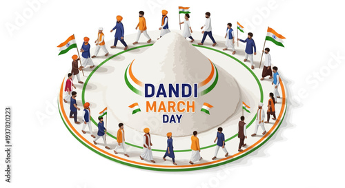 Illustration of people marching around a salt mound with Dandi March Day text in a circular formation on a white background with Indian flag colors.