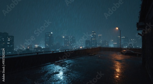 A rainy cityscape at dusk from a rooftop perspective. The rain slicks the surface, city lights glow. A car sits