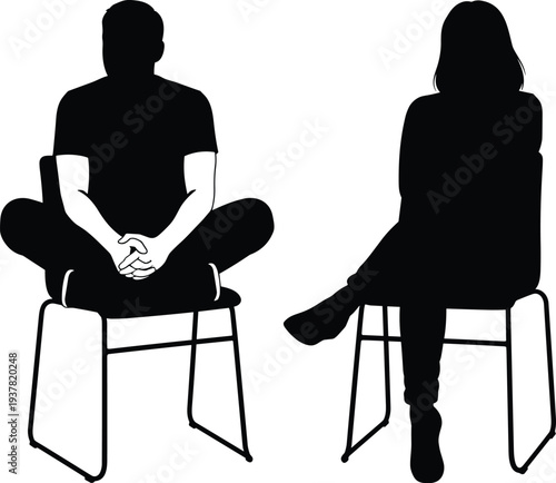 Black and white silhouette of two seated figures on chairs with distinct postures, symbolizing body language, nonverbal communication, psychology, and 