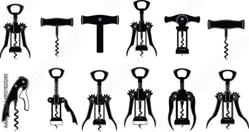 Collection of twelve unique corkscrew silhouette designs showcasing traditional, winged, lever, and waiter styles for wine bottle opening tools