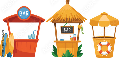 Tropical beach bar vector set with three thatched roof stands decorated with surfboards lifebuoy leaves and colorful signage illustrations