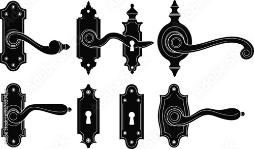 Set of seven ornate vintage door handle and keyhole plate silhouette designs showcasing antique decorative hardware for interior architecture inspiration