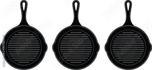 Vintage cast iron grill pan vector set with frying skillet cookware collection black and white kitchen illustration isolated