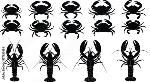 Vector illustration collection of black crustacean silhouettes featuring diverse crab and lobster designs with claws, antennae, marine life styles, seafood, aquatic animals, ocean.