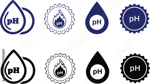 pH level icons blue and black water drop and badge shapes for science and testing