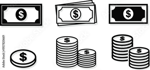 Dollar bills and coin stacks money icons black and white flat and isometric styles