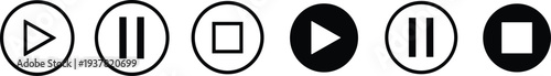 Collection of play pause and stop media player icons in circles black and white solid outline