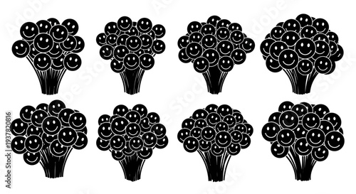Eight clusters of blackberries on white background illustration of fruit bunches