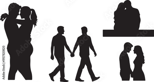Vector Silhouettes of Diverse Couples and People Embracing, Walking, and Showing Affection isolated PNG with Transparent Background