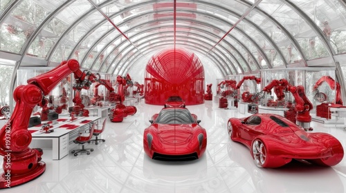 Innovative robotic manufacturing showcase modern factory digital art sleek environment wide angle view futuristic concept