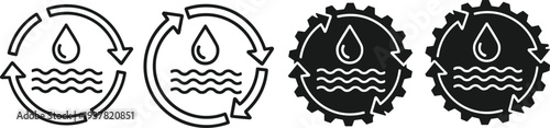 Water cycle icons with drop waves and recycle arrows gear set conservation symbols vector