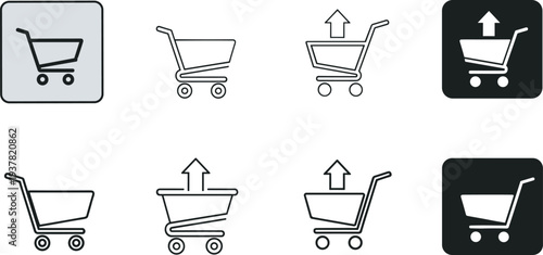 Ecommerce shopping trolley icons with remove or upload arrow for digital store interface components