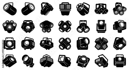 Collection of various stage lights and spotlights in black silhouette on white background for theater concert or studio use
