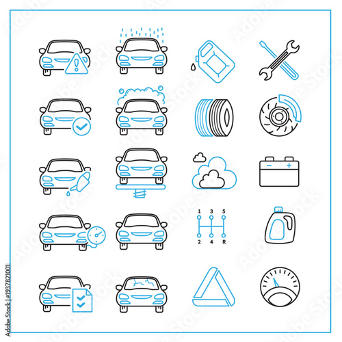 Auto repair and car service icon set including vehicle, wrench, tire, oil, tools, battery, and maintenance symbols. Simple outline vector icons for garage and mechanic services.