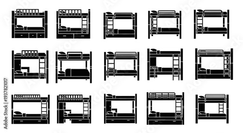Detailed black and white silhouettes of various bunk bed designs with different configurations and features on a clean white background for easy identification and comparison