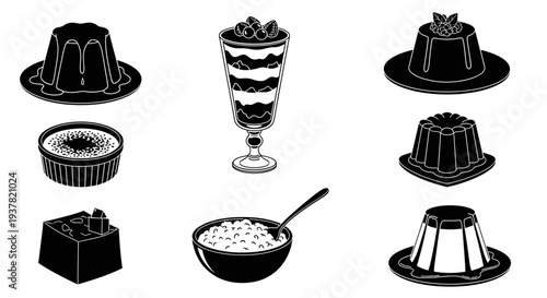 Assorted desserts and sweet treats in black and white illustration including jellies puddings and a bowl of cereal with a spoon on a clean background