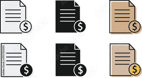 Document with dollar sign icon flat design vector illustration set of icons business finance concept