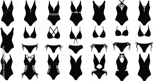 Vector silhouettes collection of diverse women’s swimwear styles including bikinis, one-piece swimsuits, halter necks, cutouts, crisscross straps, fashion.