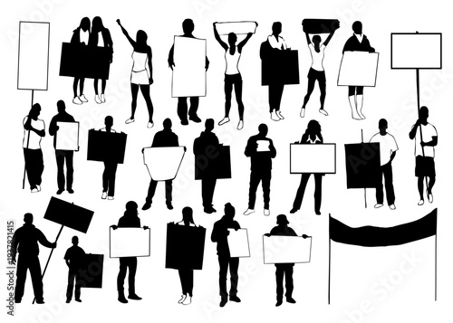 Crowd of protesters holding blank banners and signs. Black silhouette vector illustration representing demonstration, activism, rally, and social protest concept.