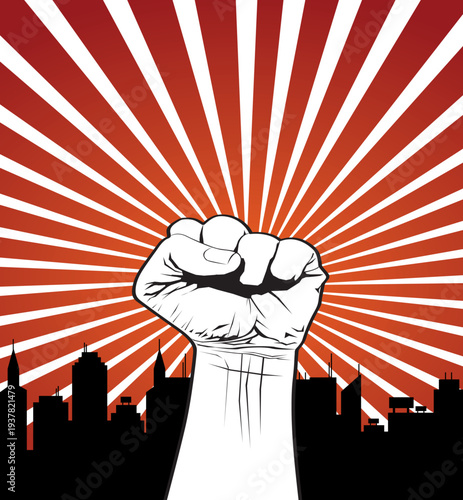 Raised fist protest symbol with red sunburst rays background. Powerful vector illustration representing revolution, resistance, activism, freedom, and social movement.