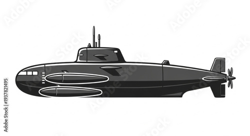 Black Submarine Side View Illustration.
