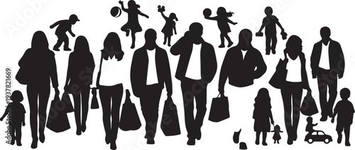 Diverse crowd of people silhouettes including shoppers, men, women, and children. Isolated vector graphic. isolated PNG with Transparent Background