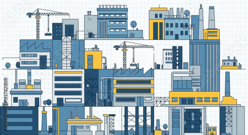 Modern industrial factory buildings and construction cranes illustration.