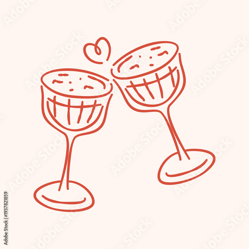Hand-drawn cocktail glasses clinking in a toast with a small heart, red line art.