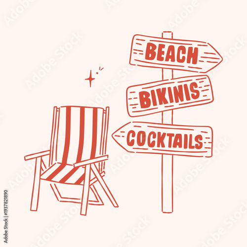Hand drawn beach wooden signpost with deck chair. Minimalist red line art summer vacation doodle on beige background.
