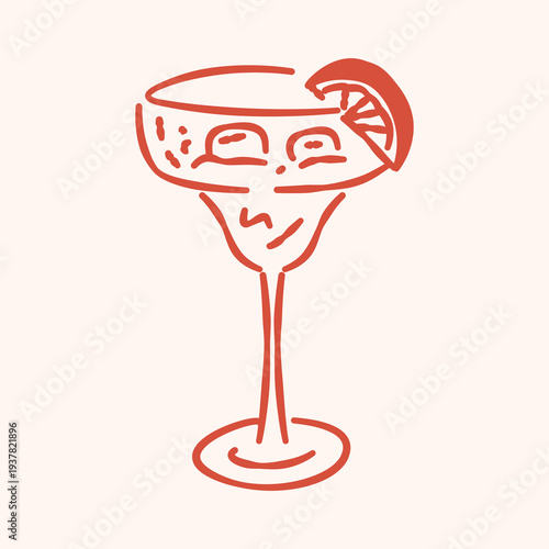 Hand drawn summer cocktail glass with orange slice. Minimalist red line art doodle on beige background.