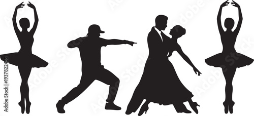 Collection of Diverse Dance Silhouettes Including Ballet, Hip-Hop, and Ballroom Dancers Vector isolated PNG with Transparent Background