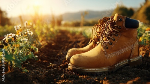 Work boots resting in a field at sunset, symbolizing hard work and dedication
