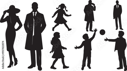Set of various black human silhouettes. Men, women, and children vector collection isolated. isolated PNG with Transparent Background