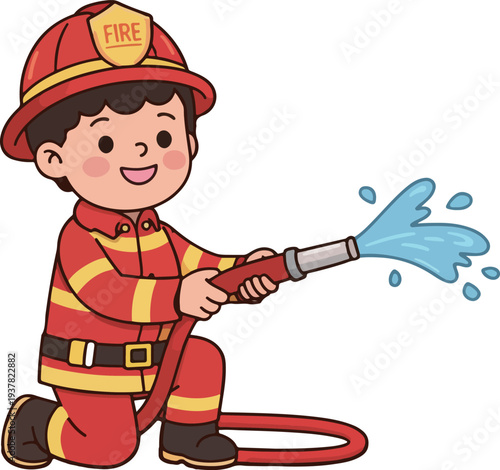 Kid firefighter spraying water with hose cartoon illustration
