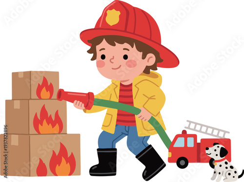 Kid firefighter spraying water with hose cartoon illustration