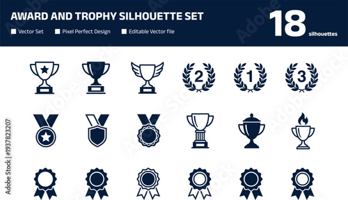 Award and trophy silhouette set with diverse competition prize icons featuring winners cups medals with ribbons achievement laurel wreaths and recognition seals for sports and business success