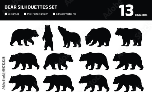 Bear silhouettes set with grizzly and brown bear action poses