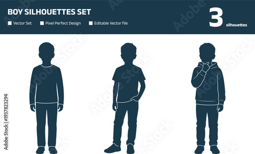 Boy silhouettes set with young male children in casual clothing including hoodies and t-shirts isolated on white background for lifestyle and fashion design