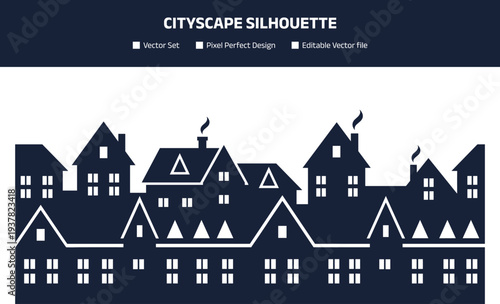 cityscape silhouette border featuring cozy house rooftops, smoking chimneys, and residential neighborhood buildings in a flat vector style isolated on a white background.
